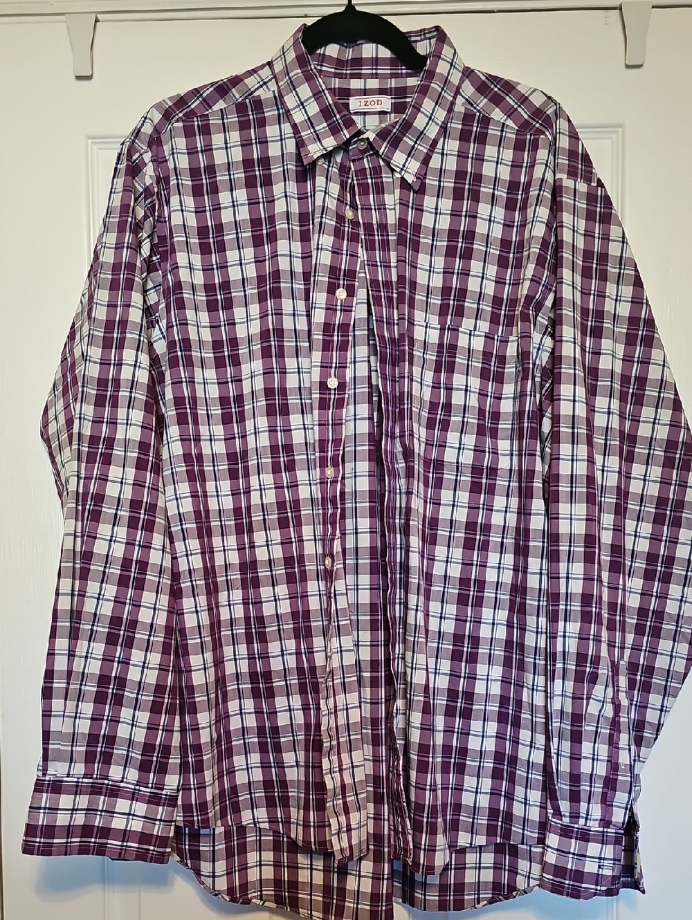 Izod Men's Purple and White Plaid Button-Up Shirt